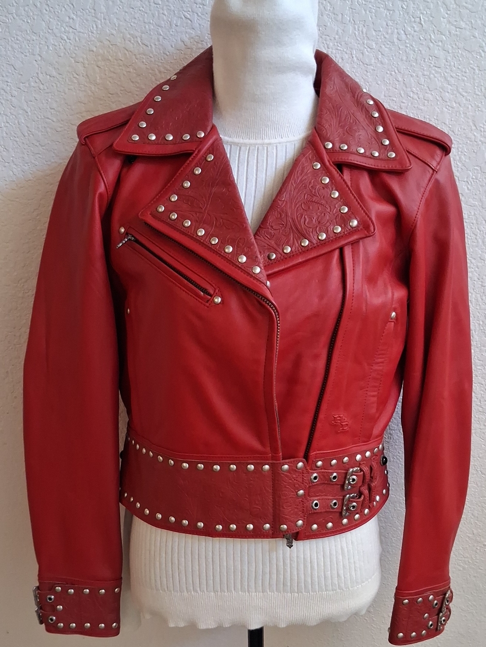 Vintage 2003 Harley-Davidson Red Studded Leather 2-Piece Jacket/Pants Set. (M)